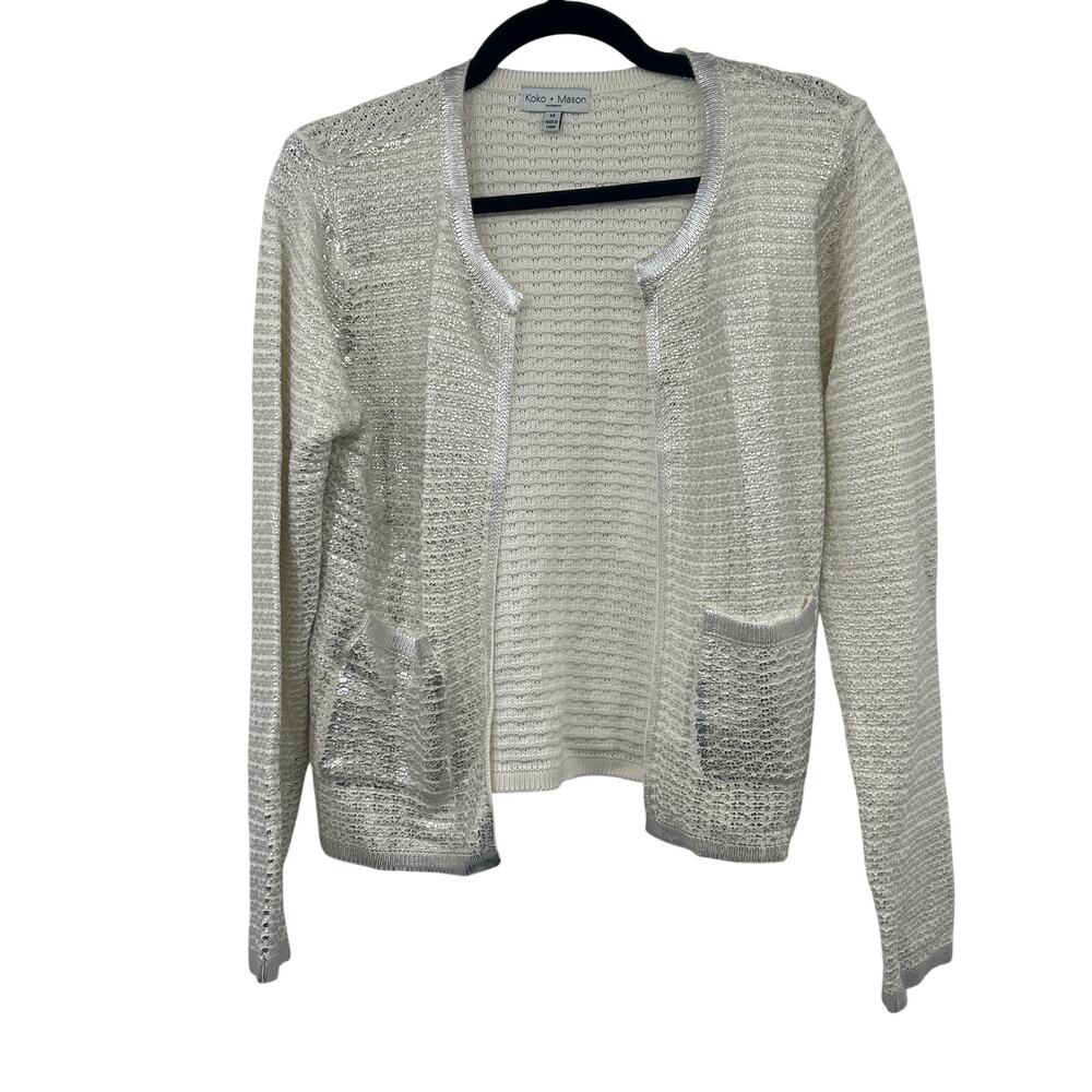 Koko + Mason NWT Women's Silver Metallic Cream Open Cardigan Size M Office Work